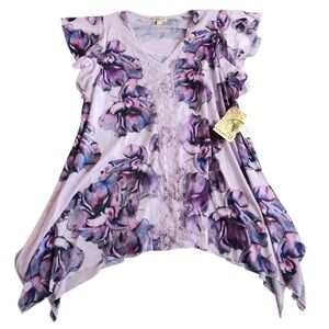 NWT One World Lace V Neck 3/4 Sleeve Stretch Knit Tunic Top Women's 1X Purple